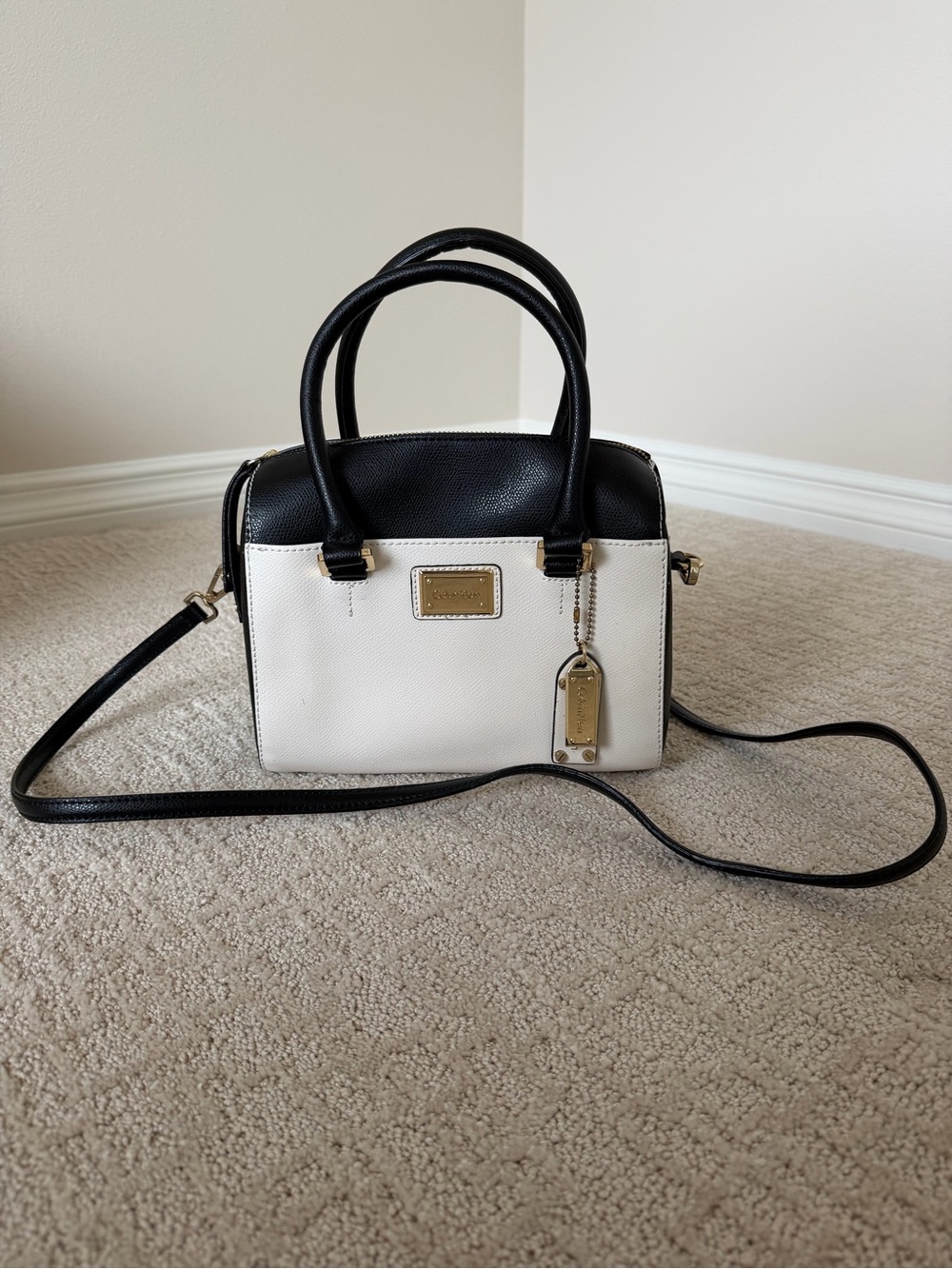 Calvin Klein Two-Tone Black & White Satchel Handbag with Gold Hardware